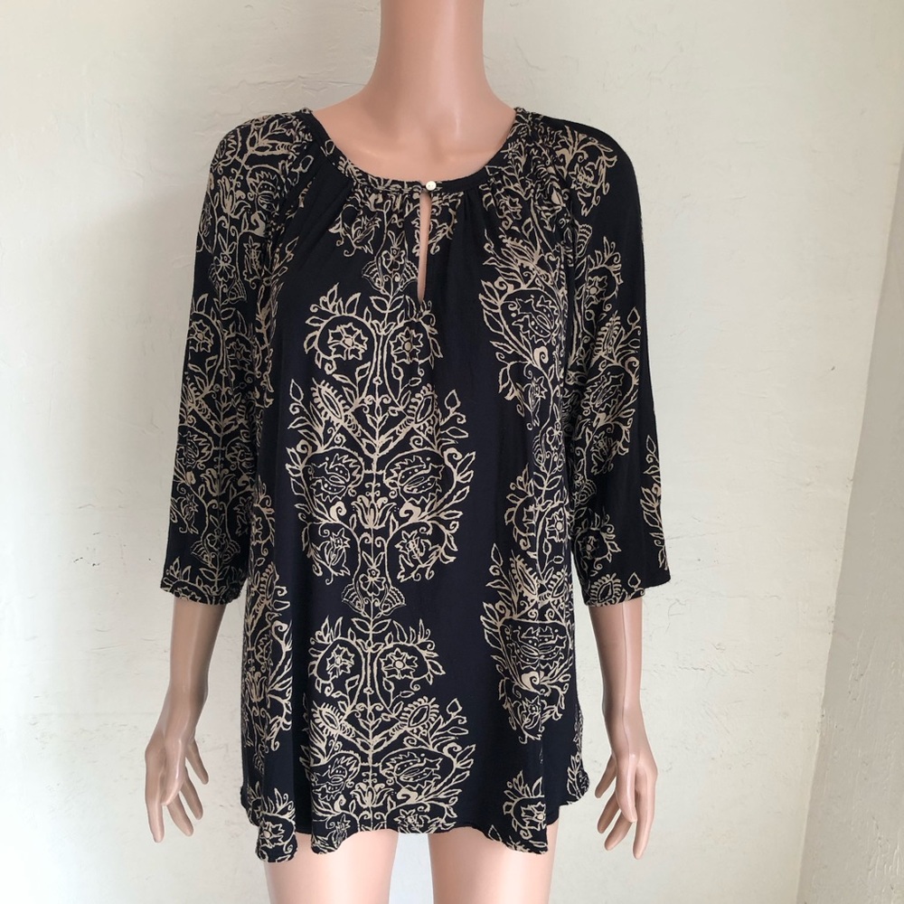 Lucky Brand Black Floral Shirt Women’s Size 1X 3/4 Sleeves Keyhole Neck Blouse